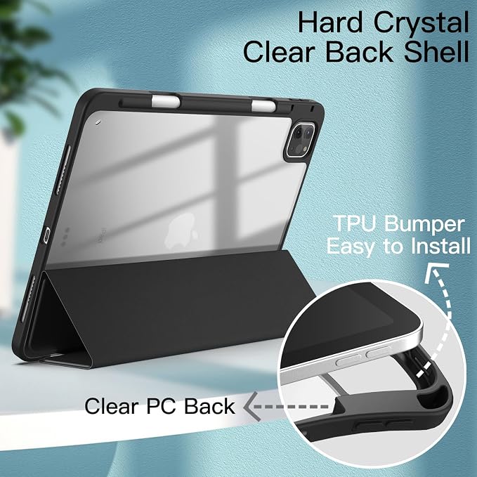 JETech Case Cover for iPad Pro 11 4/3/2/1 Black | For 2022/2021/2020/2018 Model Clear Back Pencil Holder Slim Shockproof Tri-Fold Stand Auto Wake/Sleep