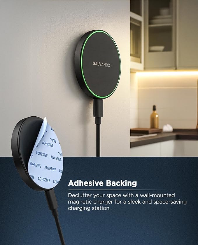 Galvanox Compatible with MagSafe Wall Mounted Magnetic Wireless Charger (15W) Fast Charging Stick-on Adhesive Design with Removable USB-C Cable (Black 10 FT)