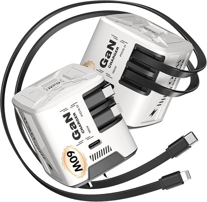 W &amp O 60W GaN Fast Charger Wall Plug Built-in Retractable USB-C &amp L Cables | Retractable Wall Charger with 47.2 Cables One Pull Charging No Cable Mess Solution for iPhone 17/16/15 Galaxy