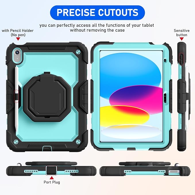 Case for iPad (A16) 11th/10th Generation 11/10.9 2025/2022 Black | Full-body Heavy Duty iPad A16 Case for Adults Kids with Screen Protector 360° Rotating Stand Shoulder Strap Pencil Holder