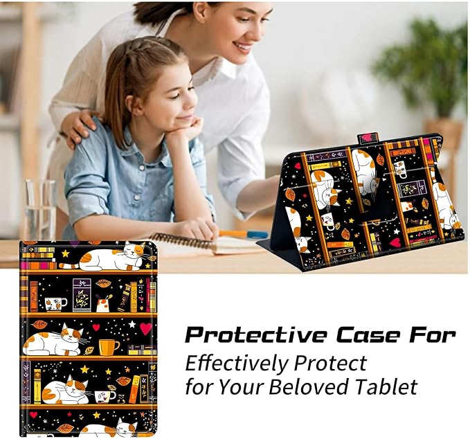 for Walmart Onn 10.1 2024 Onn 10.1 Gen 4 Universal Tablet Case 360 Degree Rotating Kickstand Protective Stand Case with Multiple Viewing PU Leather Shell Case Black Book Cat