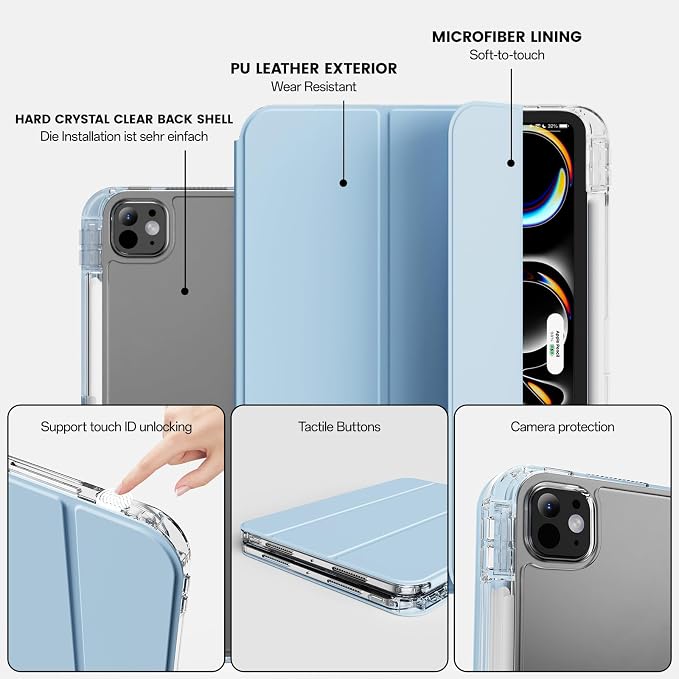 Case for iPad Pro 11 Inch Case (M5/M4) 2025/2024 Black | Pencil Holder 2 in 1 Detachable Trifold Sliding Cover Clear Hard Back Shell Supports Pencil Pro Charging