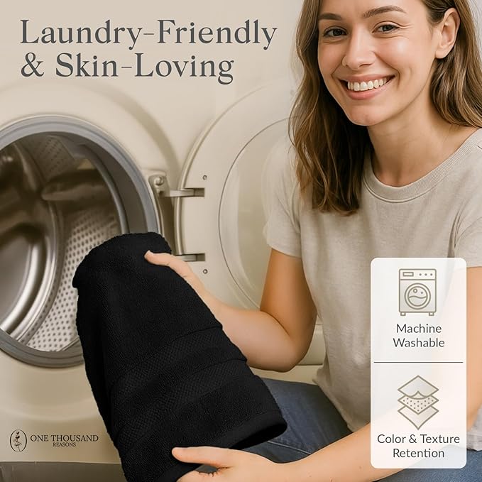 Zero Twist Bathroom Towel Set - Luxury Bath Towel Sets for Bathroom, Hands, and Washcloths - Quick Dry and Absorbent - 6 Pieces, 3 Stripe, Black