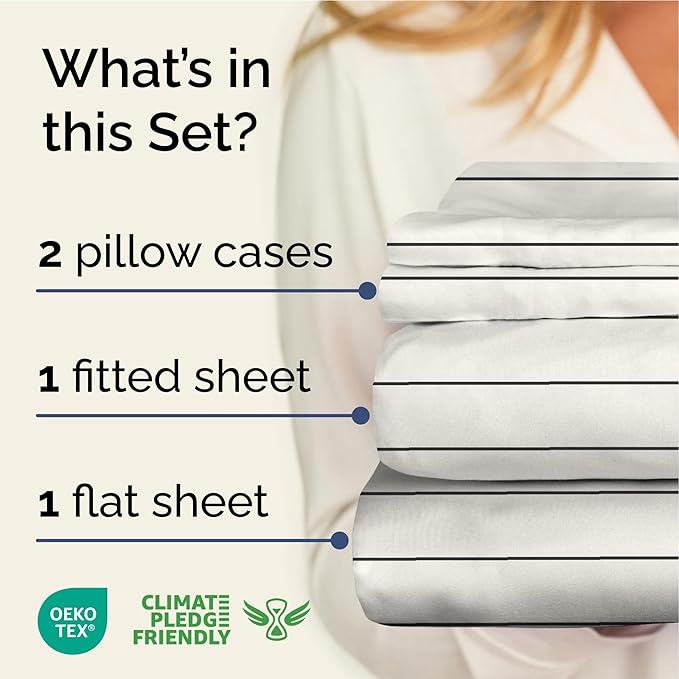Striped Sheets - Beige & White Striped Sheets - 1 Flat & 1 Fitted & 2 Pillowcases w/ Deep Pockets – Wrinkle & Fade Free - Soft, Breathable and Cooling – Luxury Pinstripe Bedding - King Size Bed Set