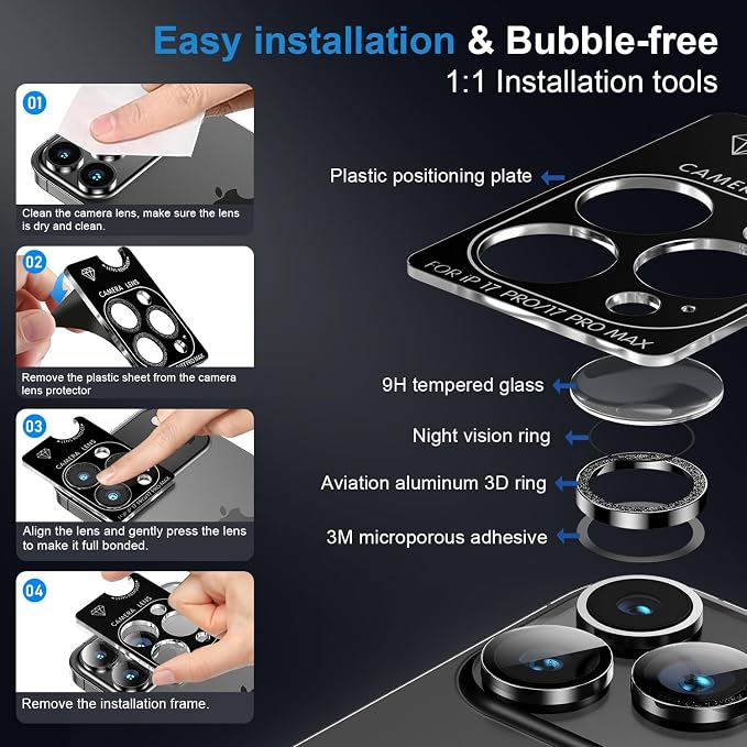 Korecase for iPhone 17/iPhone 16/iPhone 16 Plus Camera Lens Protector Bling 9H Tempered Glass Anti Scratch Camera Screen Protector Shockproof Film Metal Ring Lens Protector Glitter-Black