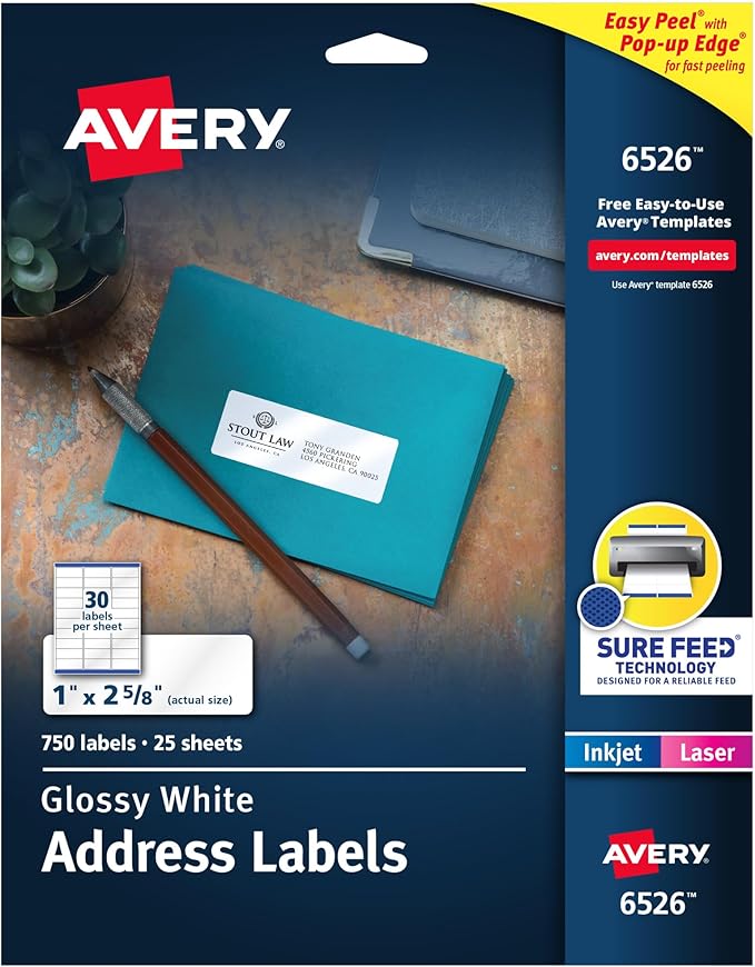 Avery Address Labels, Sure Feed and Easy Peel Technology, Glossy White Labels, 1" x 2-5/8", Permanent, Laser/Inkjet, 750 Total (6526)