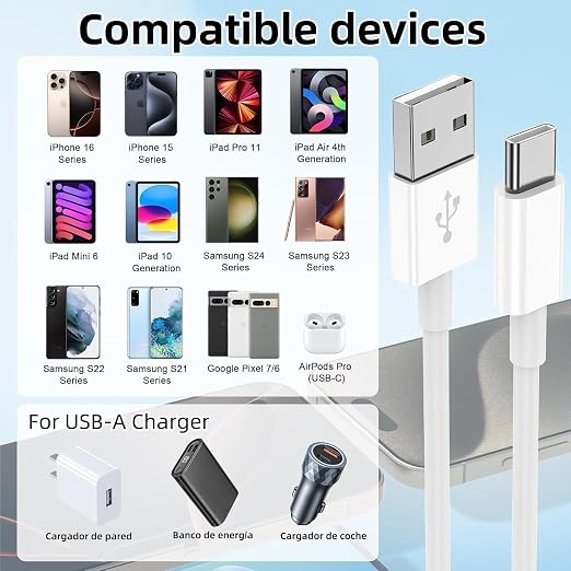 USB A to USB C Cable2 Pack [3FT+6FT] Carplay Cord for iPhone17/16/15 | USB A to USB C Cable2 Pack [3FT+6FT] Carplay Fast Charging Cord for iPhone17/16/15/iPad Pro/MacBook/Samsung GalaxyS26/25
