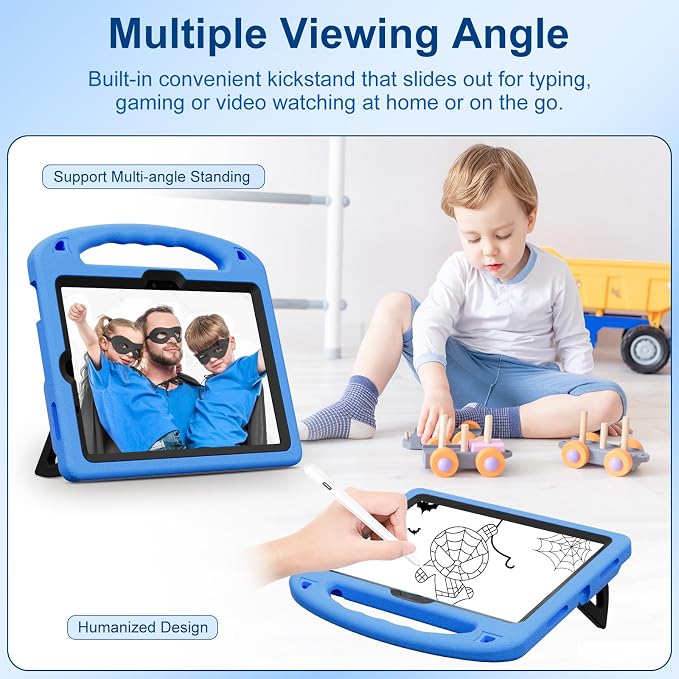 Kids Case for iPad Air 11-Inch (M4/M3/M2 2026/2025/2024) | iPad Air 5th Gen (2022) / 4th Gen (2020) 10.9 Shockproof Cover with Built-in Screen Protector and Stand (Black+Blue)
