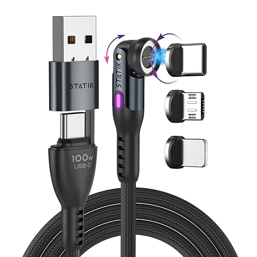 Statik 360 Pro Magnetic Charging Cable - Type C Charger Fast Charging 3 in 1 USB C to USB C Cable Micro USB &amp iProduct Tips USB A Adapter Fits All Devices - 100W Fast Charger Black 10FT/3M