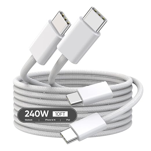 USB C to USB C 240W USB C Cable 2-Pack 10ft C to C Cable Fast Charging for MacBook Pro/MacBook Air iPad Pro/iPad Air iPhone 16 15 Pro Max Plus Samsung GalaxyCompatible 140W/100W/65W/45W/35W/20W