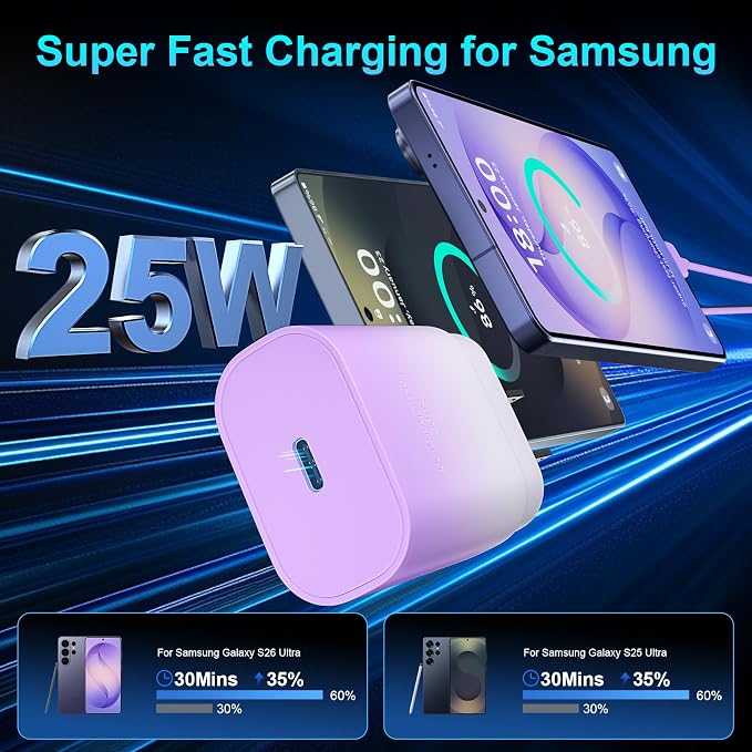 Super Fast Charger Type C 25W USB C Wall Charger Fast Charging for Samsung Galaxy S26 Ultra/S26/S26+/S25 Ultra/S25/24 Ultra/S24/S23 Ultra/S22 Ultra with 10FT Long Android Type C Charger Cable 2Pack