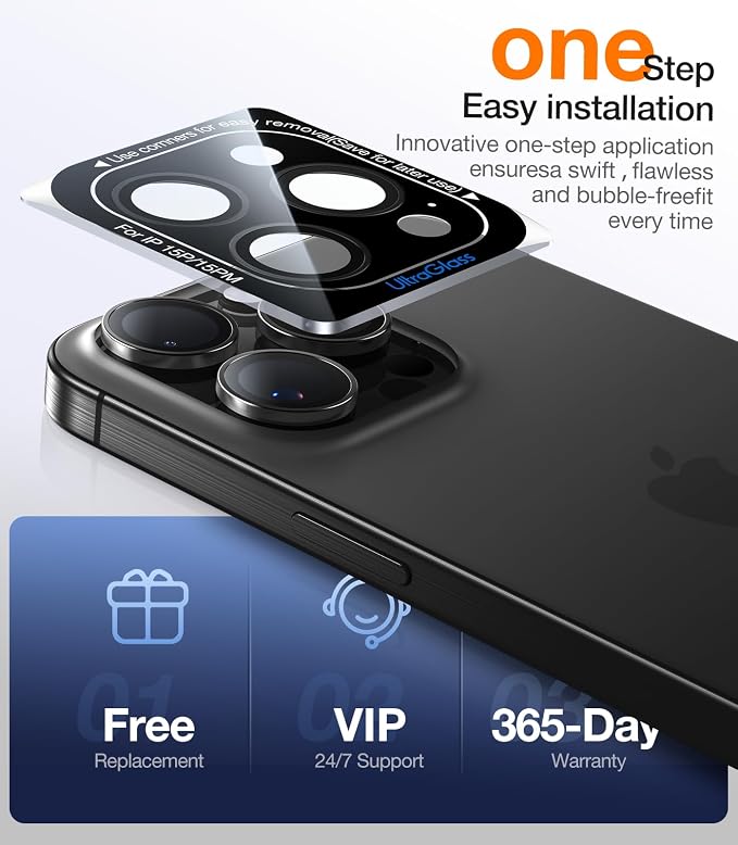 UltraGlass for iPhone 16 Pro Max/16 Pro Camera Lens Protector [NO.1 Military Grade Shatterproof] iPhone 16 Pro Max Camera Protector 16 Pro Lens Cover [Longest Durable] Easy Install Black Titanium