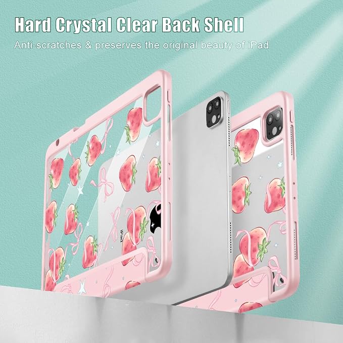 May Chen Case for iPad 12.9 Inch (6th/5th/4th/3rd Generation 2022/2021/2020/2018) Pencel Holder + Trifold Support Auto Sleep/Wake Transparent Shockproof Back Cover Blue Bows