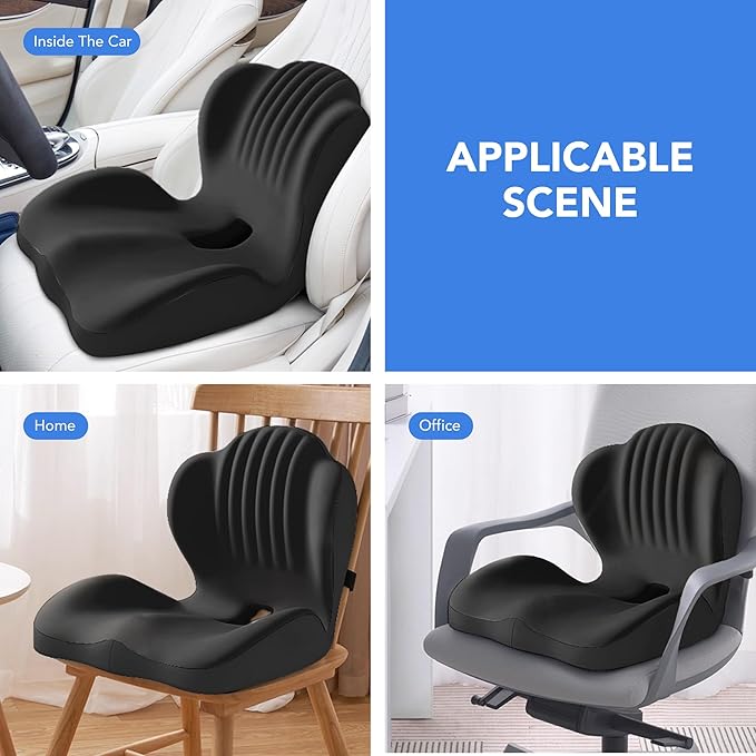 Ergonomic Waist Support and seat Cushion, 2-in-1 Memory Foam pad, Hollow Design for The Coccyx, Suitable for Office Chairs, car Safety Seats and Household use - relieves Lower Back and Hip Pain Black