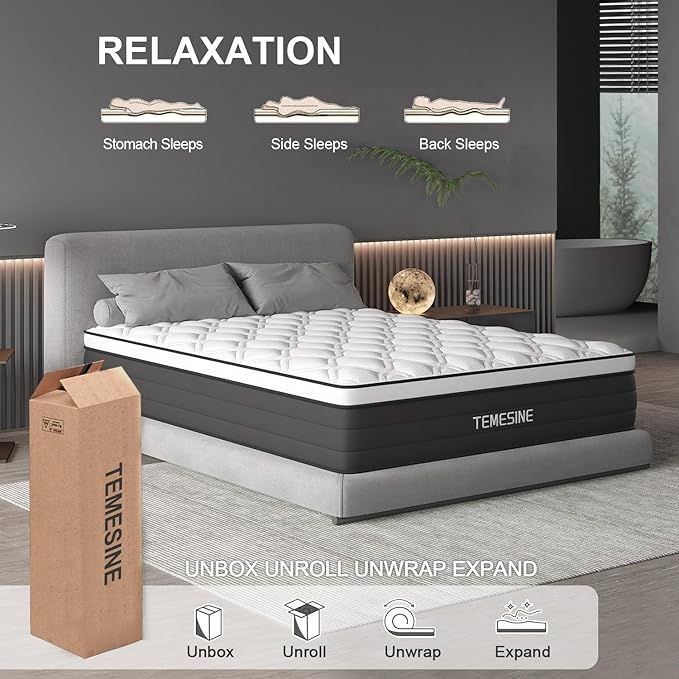 Full Size Mattress, 12 Inch Hybrid Mattress in a Box with Individual Pocket Spring, Gel Memory Foam and Euro Top, Medium Firm Feel with Motion Isolation, Pressure Relief, Edge Support, Black