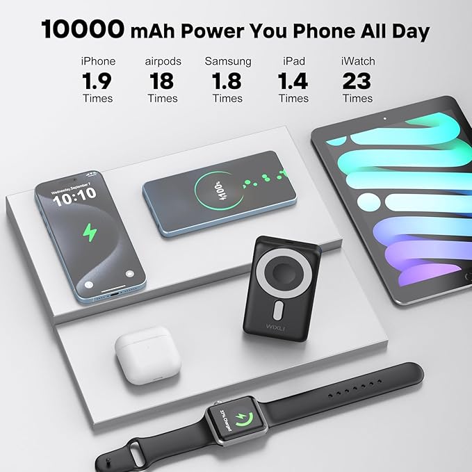 Wireless Portable Charger, 3-in-1 Magnetic Power Bank 10000mAh with USB-C/iOS Cable and Stand, 22.5W Fast Charging Battery Pack, Compatible with iPhone 16/15/14/13/12/Pro/Mini/Pro Max