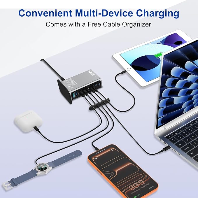 520W USB C Charger Station 8-Port (4C+4A) GaN Fast Charger Block 100W PD PPS for MacBook/iPad/iPhone with PFC &amp Anti-Slip Base Ventilation Design Include 1.5M 100W Cable &amp Cable Organizer