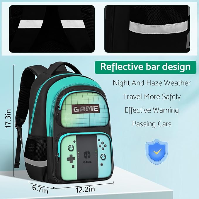 Kids Backpack For Boys，Gamer Boys Backpack For Children Teens Elementary Middle School, 17″ Students Bookbag