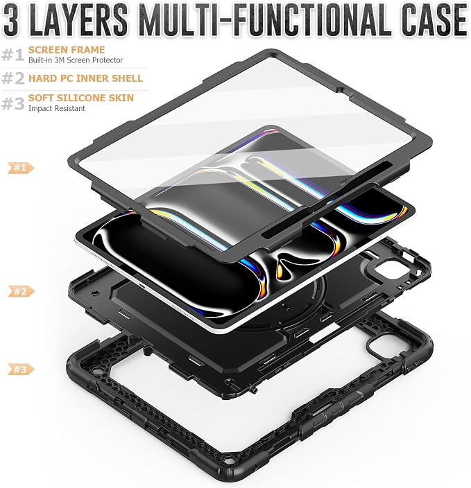 for iPad Pro 11 inch Protective Case M5 2025/M4 2024: Heavy Duty Shockproof Case with Pencil Holder - 360°Rotating Handle/Stand - Screen Protector - Shoulder Strap Black/Sky Blue