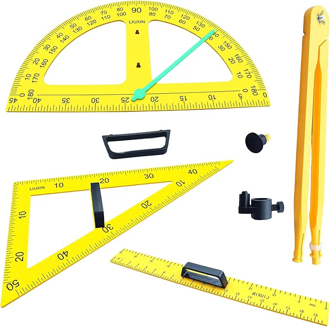 Magnetic Geometry Tool Set Classroom Whiteboard Math, with Non Slip Handle, 60°45°Triangle Ruler Protractor Compass, 5Pcs