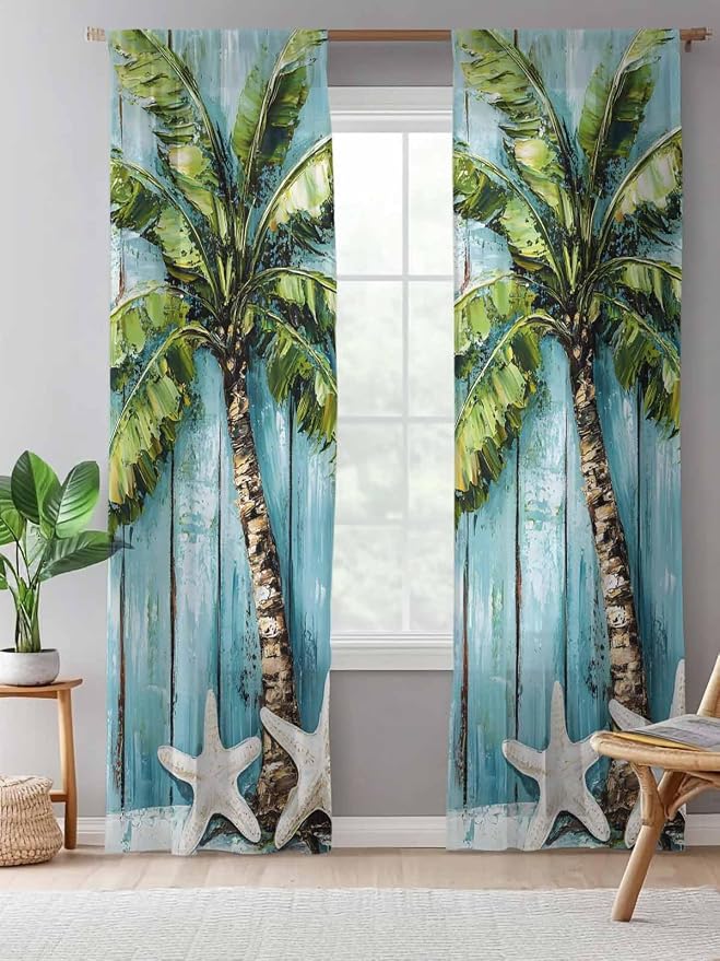 Sheer Curtains 96 Inches Long, Coastal Beach Starfish Semi Sheer Curtains Light