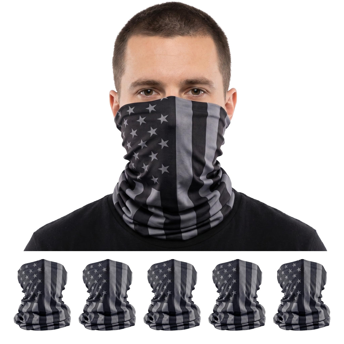 S A Company 5 Pack UV Face Shield Multipurpose Protector Neck Gaiter Elastic Face Mask Patriotic Design for Men, Blackout American Flag