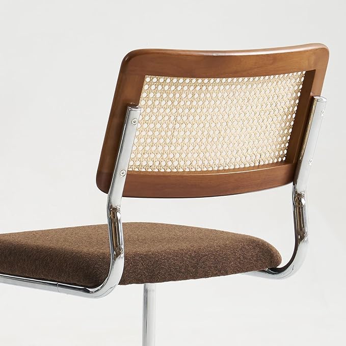 Brown Rattan Dining Chairs Set of 4,Wooden Mid-Century Modern Kitchen Chairs, Mesh Back Cane Dining Room Chairs, Cesca Chair with Metal Chrome Legs