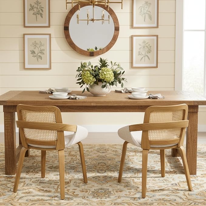 DUOMAY Modern Linen Dining Chairs Set of 4, Cane Back Room Chairs with Solid Wood Legs Kitchen Chairs for Living Room, Restaurant, Beige