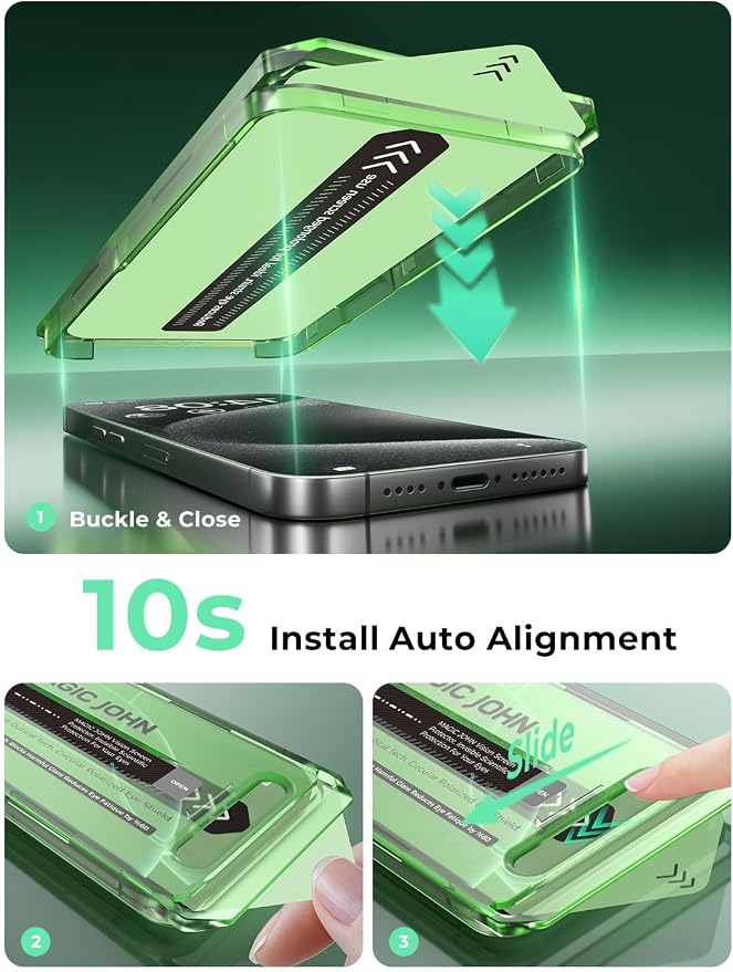 MAGIC JOHN 2 Pack for iPhone 15 Pro Screen Protector Eye Protection | HD Clear Auto Dust-Elimination 9H Tempered Glass &amp Scratch Resistance Full Edge Coverage