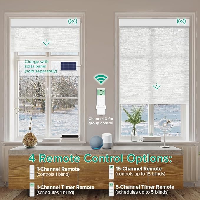 Kilonity Motorized Roller Shades, Light Filtering Remote Control Custom Window Shades Compatible with Alexa Google Assistant via RF Hub, Rechargeable Electric Blinds for Windows (Texture White)