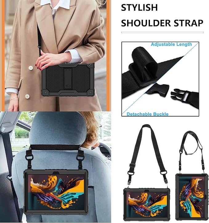 case for Dragon Touch Notepad K10 MAX10 Plus Case Built in Stand Shoulder Strap for FEONAL K118 K101 Veidoo T80 Plus 10.1 inches Tablet (Black/Black)