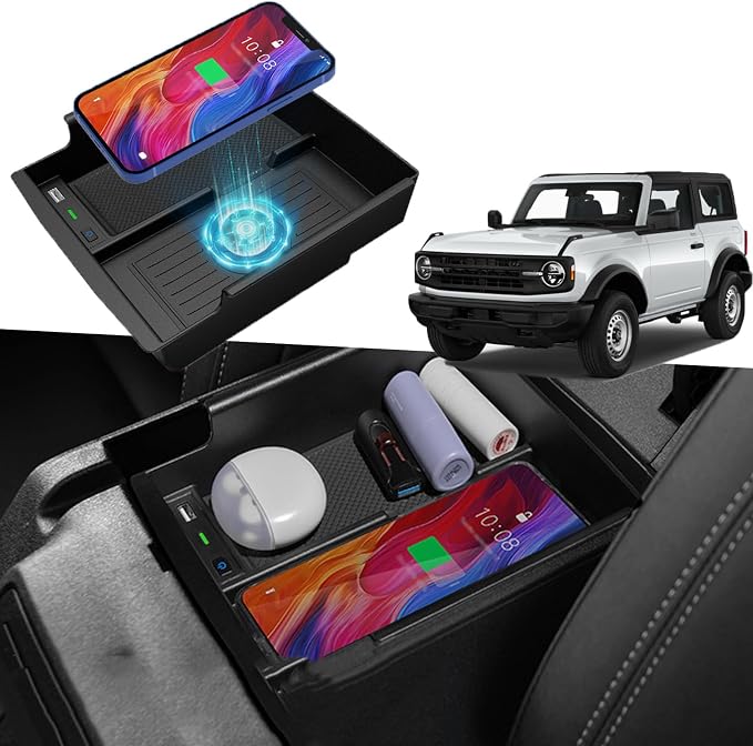 Wireless Car Charger for Ford Bronco (2021-2024) Wireless Charging Center Console Tray Interior Accessories 10w Wireless and USB Qc3.0 Fast Charging