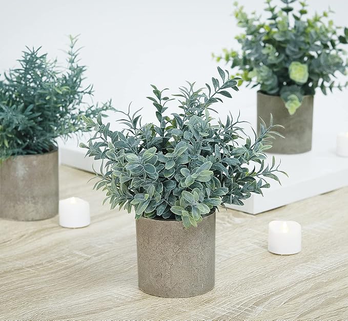 Fake Plants,3 Pack Small Artificial Plants Indoor Mini Potted Faux Plants For Home Decor,Eucalyptus Greenery Plastic Green Grass Fake Plants for Shelves Desk Bathroom Bedroom Farmhouse Shelf Decor