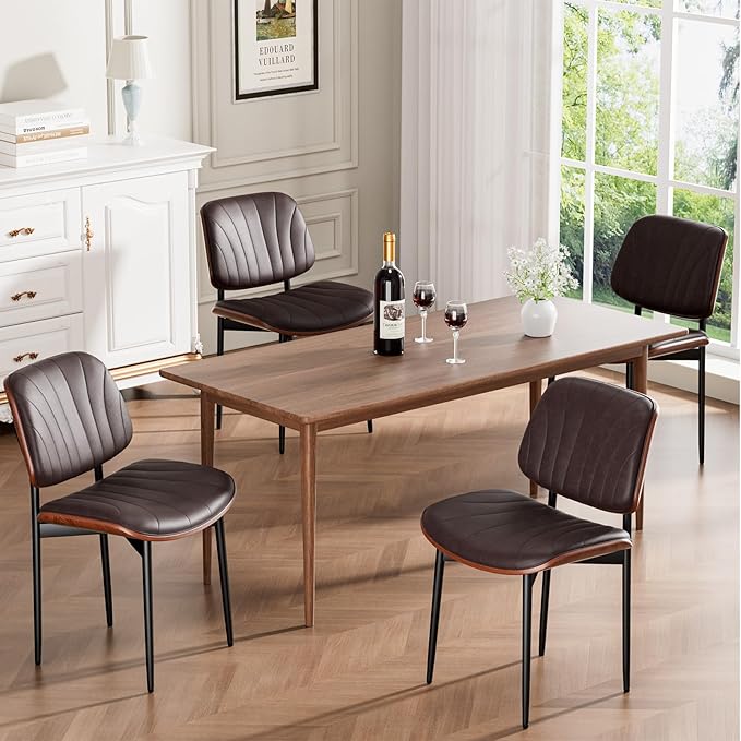 Dining Chairs Set of 8, Mid-Century Modern Upholstered PU Leather Chairs with Walnut Bentwood Back and Metal Legs Adjustable Feet for Kitchen Dining Room, Dark Brown Shell Strips