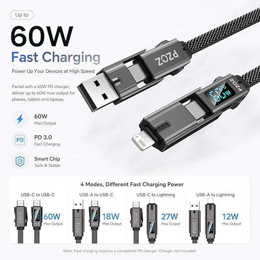 pzoz 4-in-1 Multi Charging Cable with LED Display One Cable for USB-C &amp Lightning Devices 60W Fast Charging Cord USB A/C to USB C/Lightning for iPhone 17/16/15 iPad MacBook Samsung(5 ft)