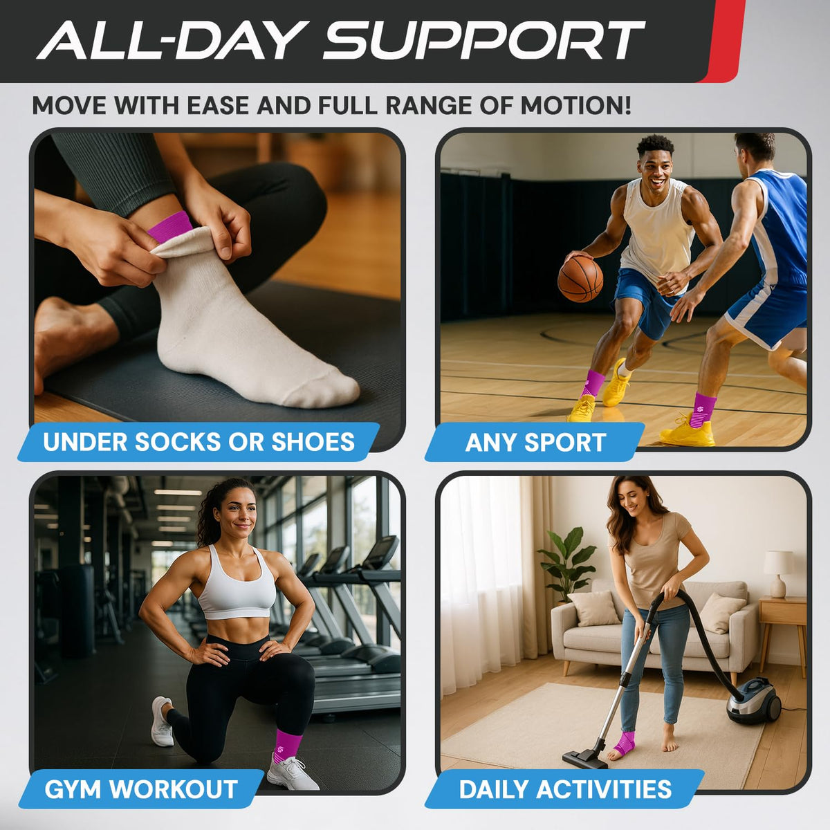 Sleeve Stars Ankle Brace for Women & Men, Ankle Wrap for Sprained Ankle, Compression Sleeve for Plantar Fasciitis Relief, Easy Customizable Support: w/Removable Strap (Single/S:9"-10"/Hot Pink)