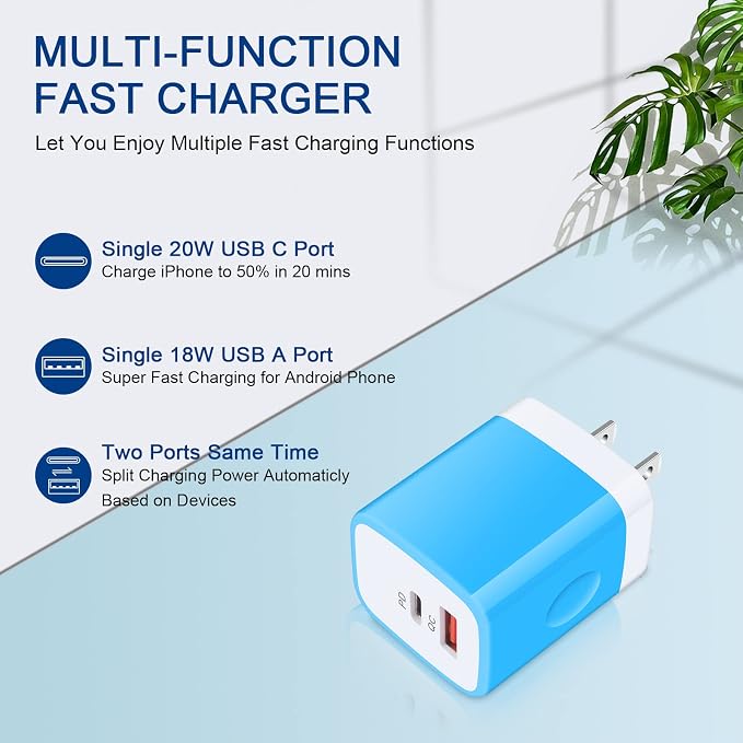 USB C Wall Charger 2-Ports 20W USB A and USB C Charger Block [PD/QC 3.0] | 3Pack USB-C Power Wall Plug Adapter Brick for iPhone 17/16/15/14/13/12/Pro Max/Mini iPad/Pro AirPods Pixel Samsung Galax