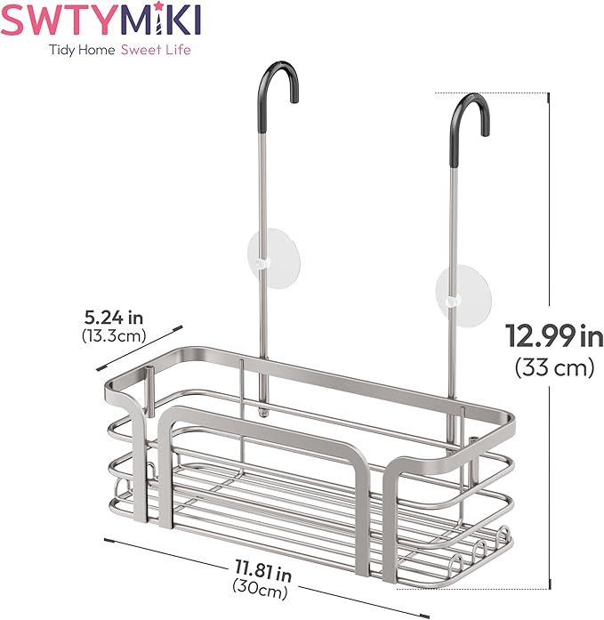 SWTYMIKI Shower Caddy Hanging Organizer - Over the Door Shower Caddy with 6 Hooks, 2 Installation Ways, Stainless Steel Rustproof Bathroom Organizer, Sand Nickel