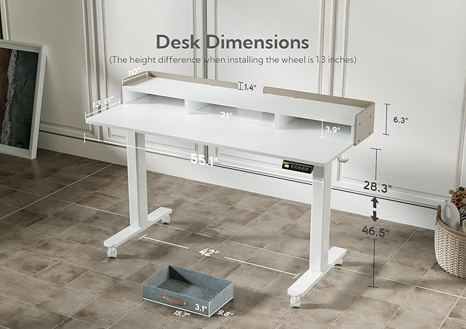 Claiks Standing Desk with Drawers, Stand Up Electric Standing Desk Adjustable Height with Storage Shelf and Splice Board, 55 Inch, White