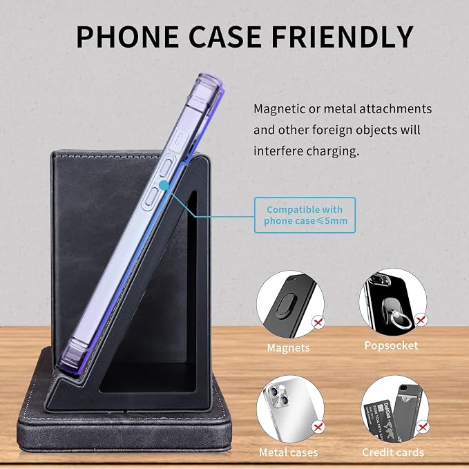 Wireless Charger with Desk Organizer Wireless Charging Station for iPhone 13/13 Pro Max/13 Pro/12 Series/11/XS Max/XR/X/8Plus/SE 2 Wireless Charging Stand with Leather… (Black)
