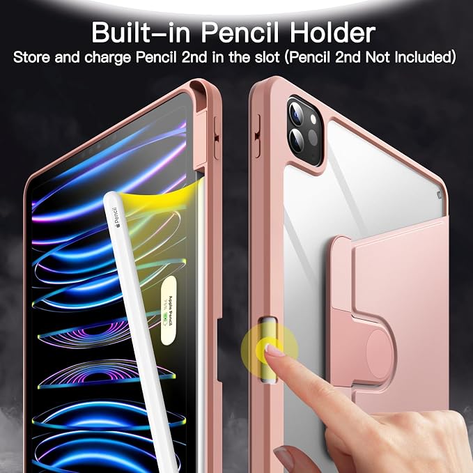 JETech Rotating Case Cover for iPad Pro 11 4/3 Black | For 2022/2021 Model 360° Rotation Stand Clear Back Design Auto Wake/Sleep Pencil Holder Full Protection