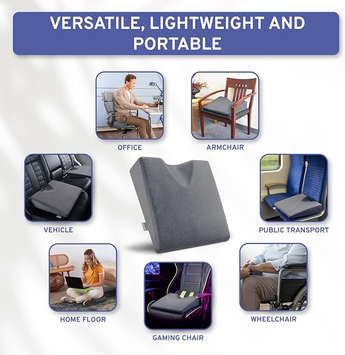 Wedge Car Height Booster Seat Cushion - Office Chair Cushion - Memory Foam Tailbone Pain Relief Cushion for Driving, Office, Gaming Chair - Orthopedic Lower Back, Tailbone, Coccyx, HIPS Support