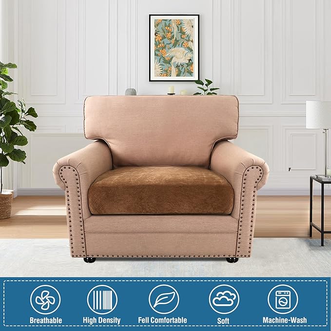 H.VERSAILTEX Stretch Chenille Cushion Covers Thick Soft Chair Covers Anti Slip Armchair Covers Slipcover with Elastic Bottom for Pets, Kid(1 Seater Armchair Cushion Cover,Caramel)