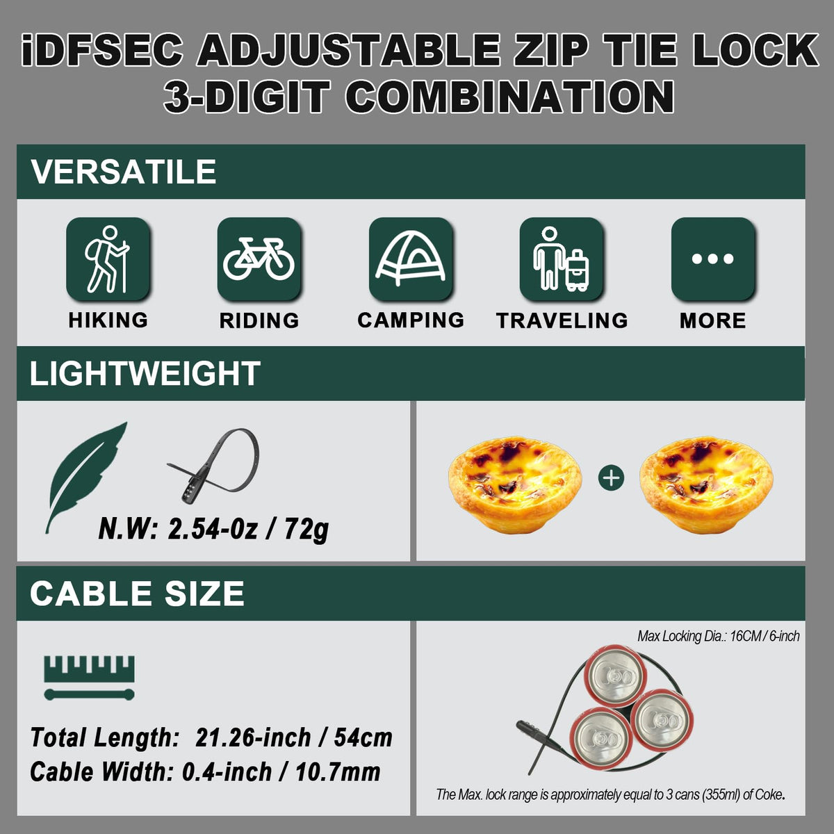 iDFSEC Zip Tie Bike Lock, Adjustable Cable Lock with Stainless Steel Core - Multi-Purpose Cable Lock for Securing Bike Rack, Helmets, Skis, Snowboards, Gates (2/Pack, Black)