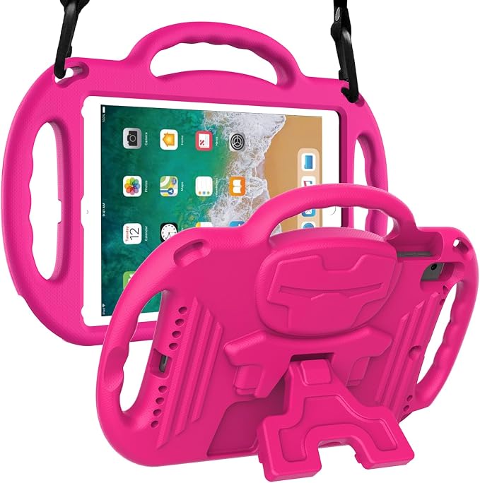 LTROP Kids Case for iPad 5th/6th Generation (2017/2018) &amp Air 2 Shoulder Strap Handle Stand Shockproof Bumper Cute Kid Case for iPad 9.7 Inch Black