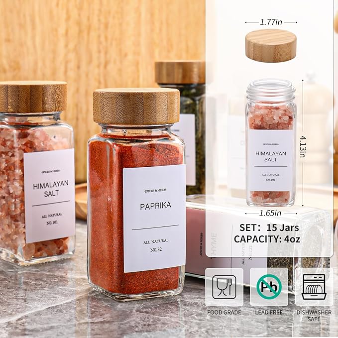 DIMBRAH Spice Jars with Label-4oz 36Pcs, Glass Spice Jars with Bamboo Lids, Container Set with White Printed Labels,Kitchen Empty Jars with Shaker Lids