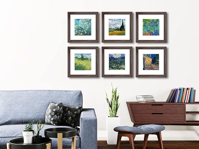 8x8 Walnut Picture Frame Set of 6 with Real Glass for Pictures 5x5 with Mat or 8x8 Without Mat, Wall or Tabletop Gallery Photo Frames
