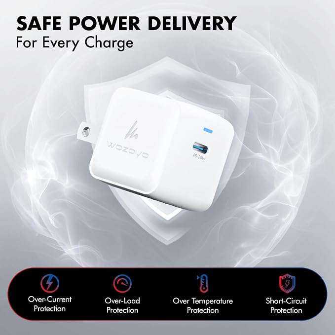 PD 20W GaN Charger Wozoyo Type-C Fast Charger Compatible for iPhone 17/16/16 Pro Max/15 Series/iPad Pro Smartphones &amp Tablets QC 3.0Compact Foldable Plug Design Smart Power Delivery