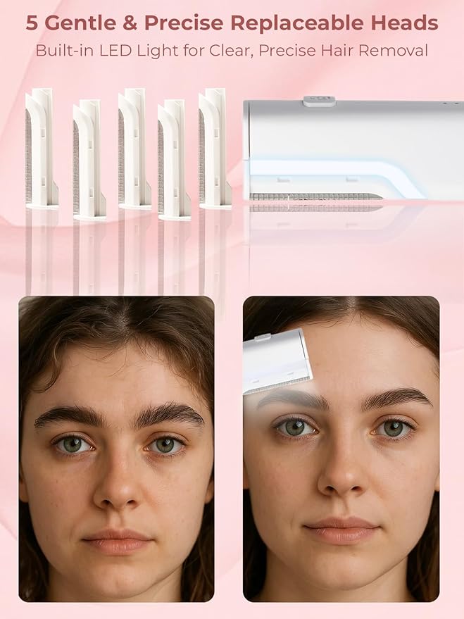 Dermaplane Facial Razor for Women – Electric 3-Speed Sonic Face Hair Removal Tool with LED Light, Peach Fuzz Remover & Exfoliating Dermaplaning Tool, USB-C Rechargeable with 5 Replacement Heads