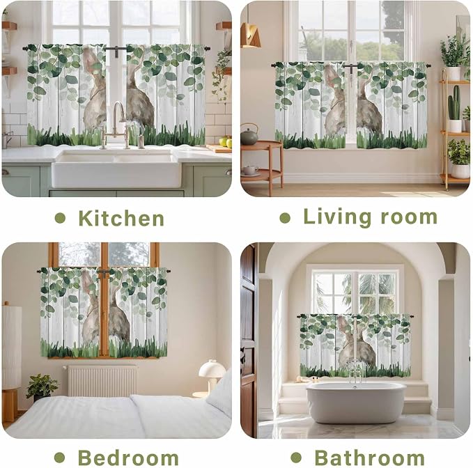 Easter Tier Curtains, Country Rabbit Botanical Leaves Wooden Grain Light